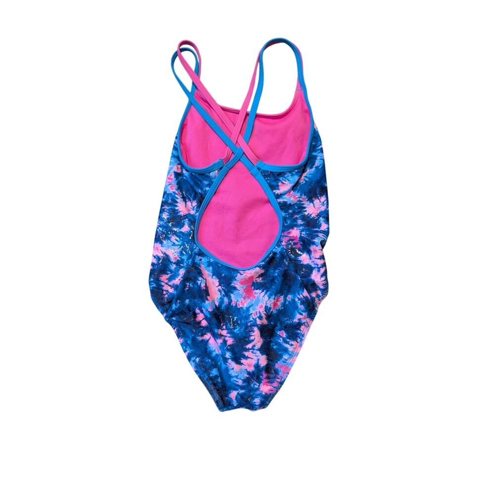 UNDER ARMOUR girls ONE PIECE swim suit, size 7; criss-cross back; Blue & Pink - Picture 2 of 7